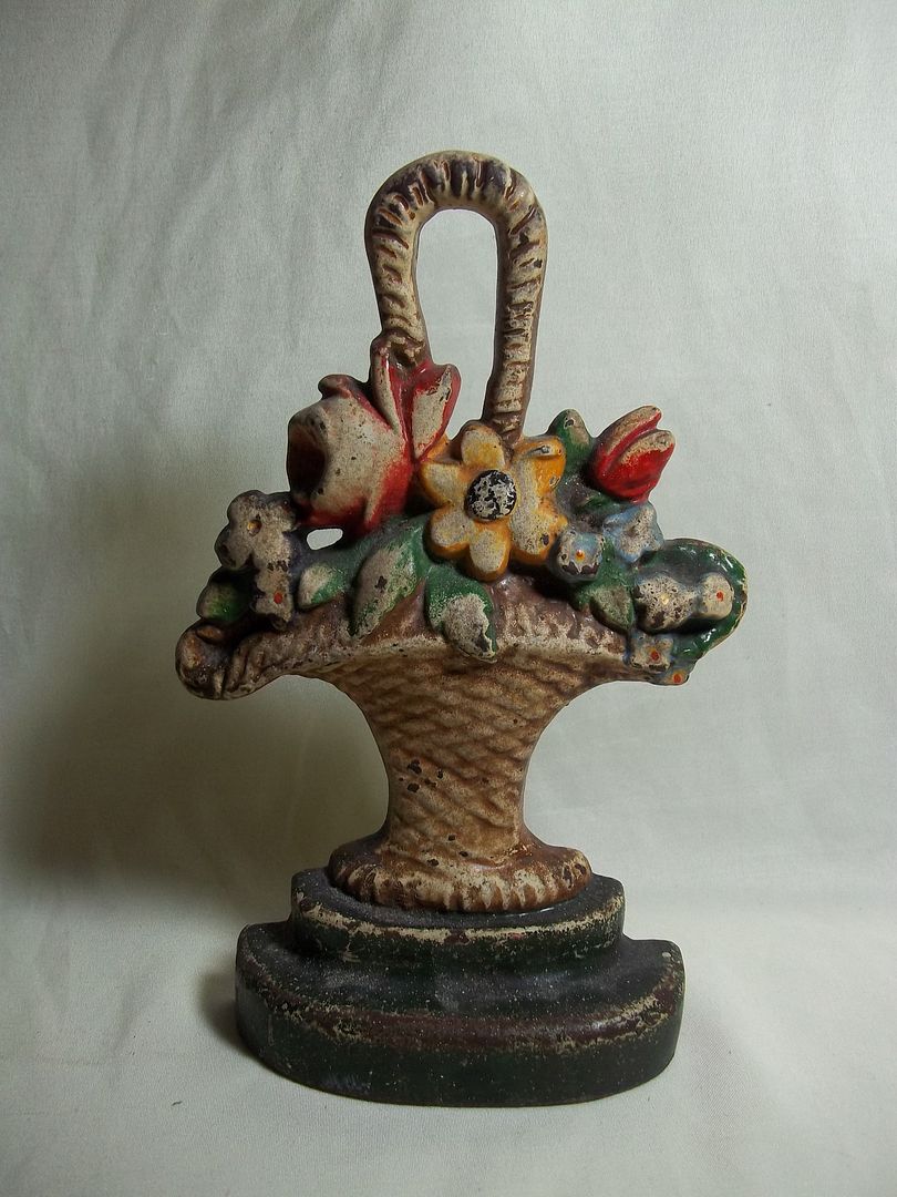 Antique Flower Basket CAST IRON DOOR STOP painted doorstop vtg hubley